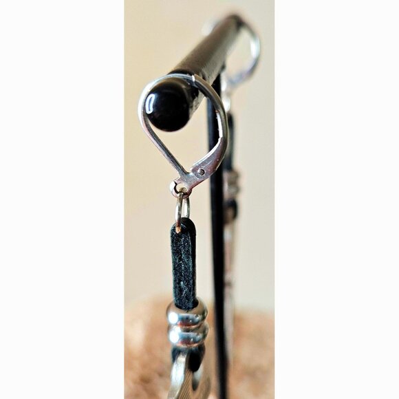 Vintage Key Earrings Black Leather Silver Stainless Steel Rustic Long Drop Charm - Picture 7 of 10